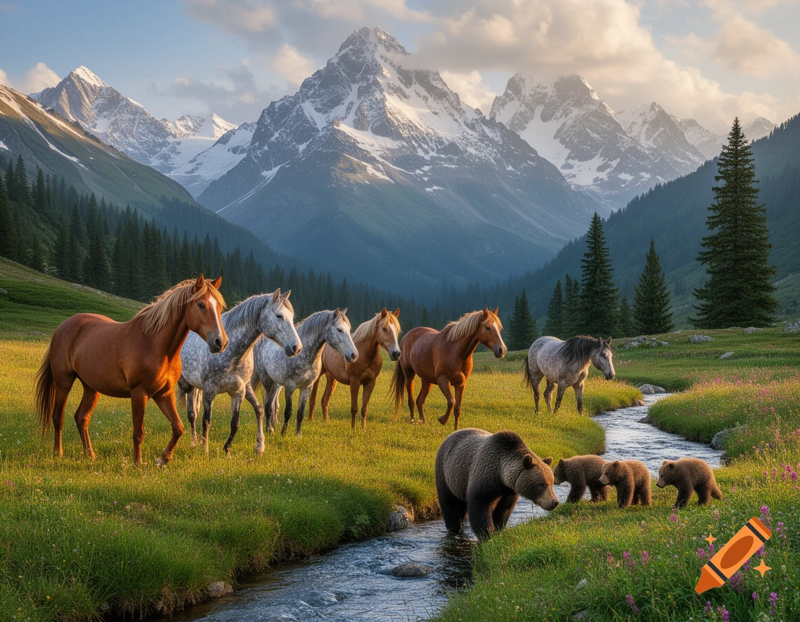 Photorealistic image of horses and a bear family by a stream in a lush mountain valley.