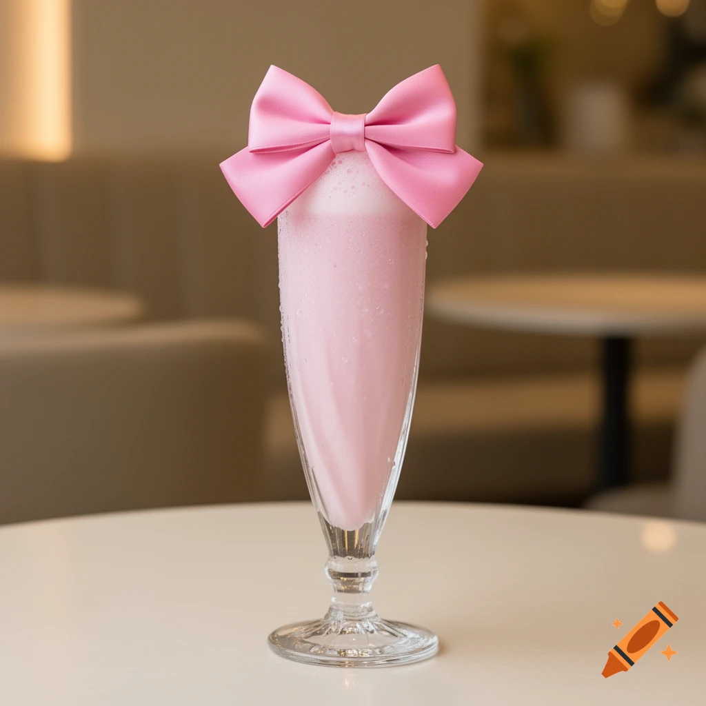 A pink mocktail in a tall glass with a large pink bow, on a white table in a cafe.