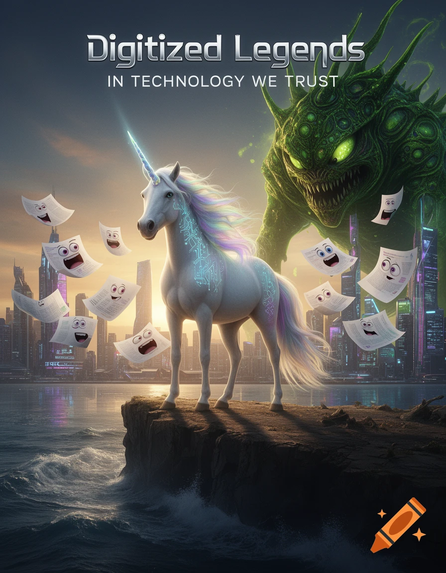 A fantasy movie poster with a white unicorn covered in circuits, facing a large green monster above a futuristic city at sunset, with flying papers.