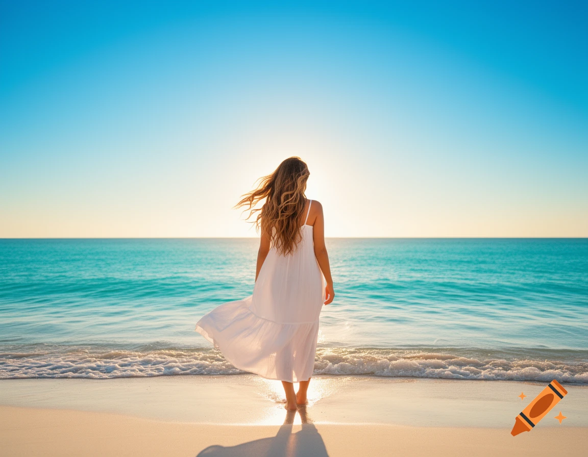 Woman in a white dress stands on a sandy beach, gazing at the blue ocean under a clear sky.