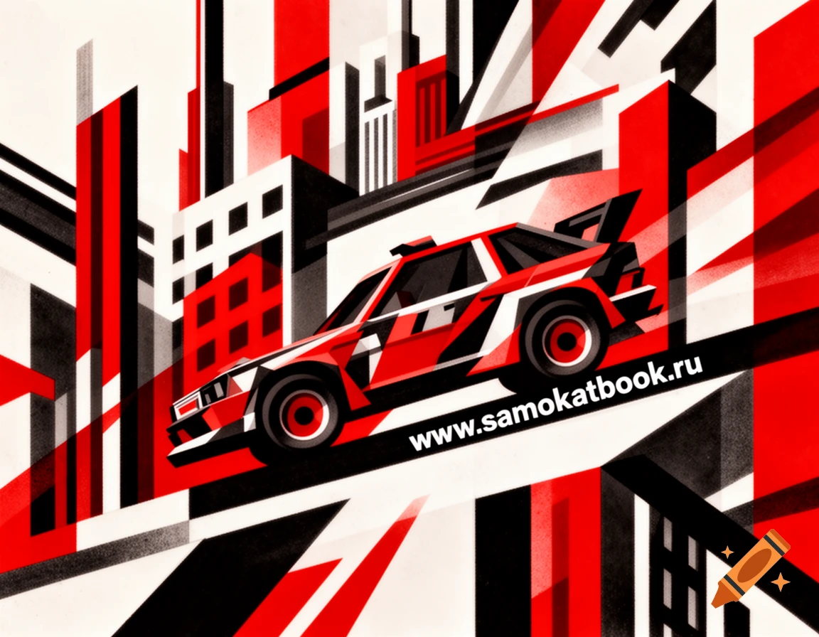 A red, black, and white constructivist illustration of a rally car driving through a geometric cityscape with text "www.samokatbook.ru".