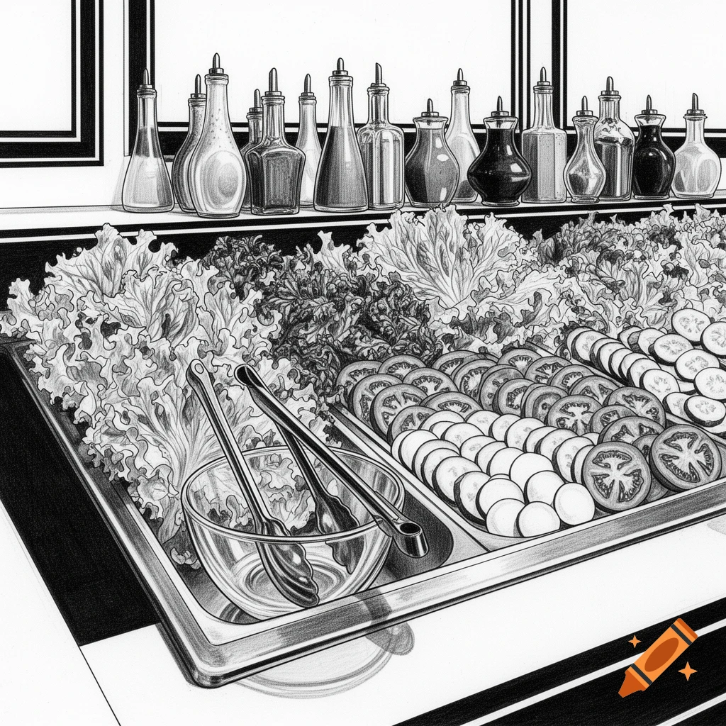 A black and white drawing of a salad bar with lettuce, sliced vegetables, and dressing bottles.
