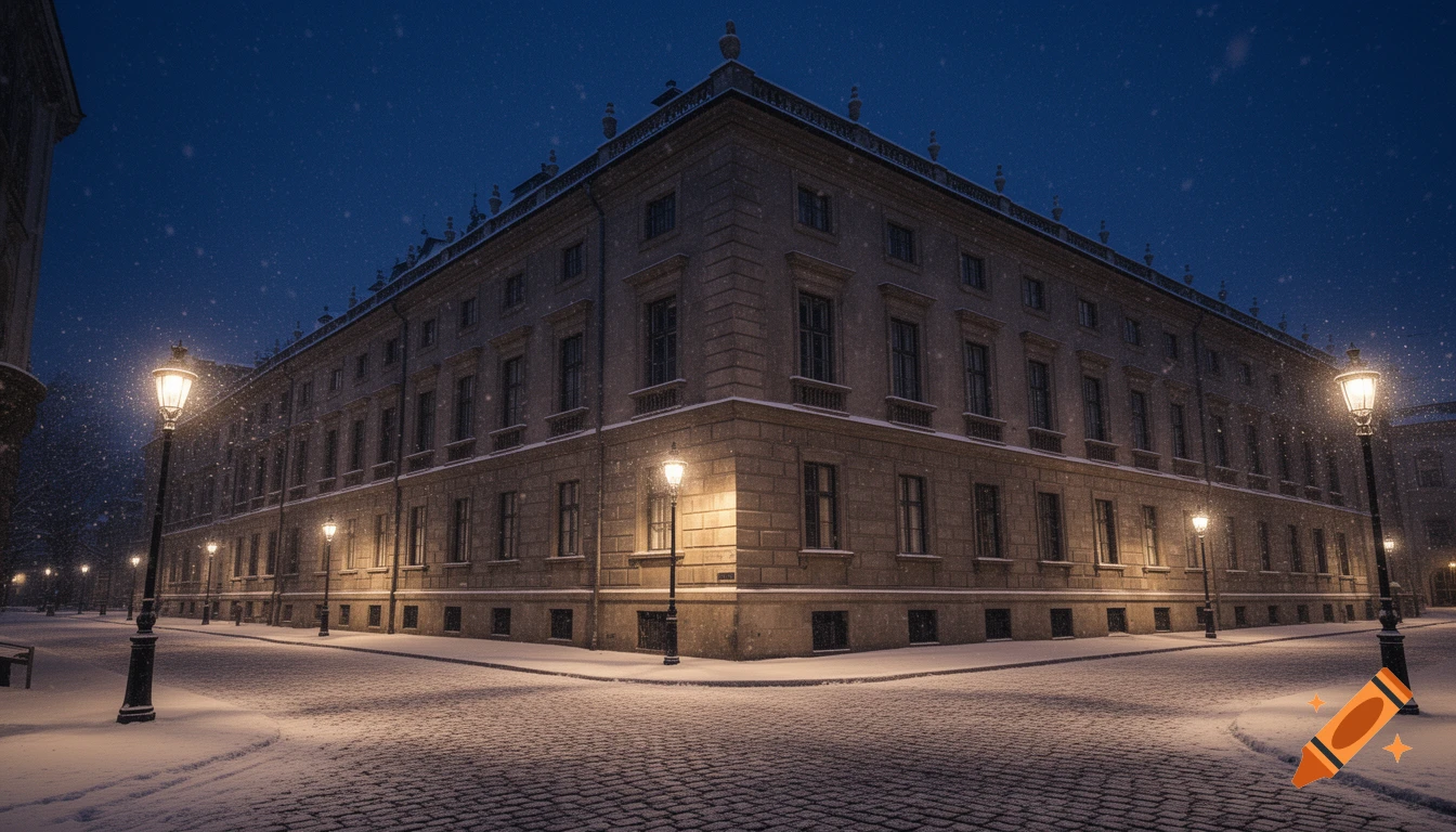 A grand Renaissance-style palace on a snowy European street at night, illuminated by lampposts and glowing windows.