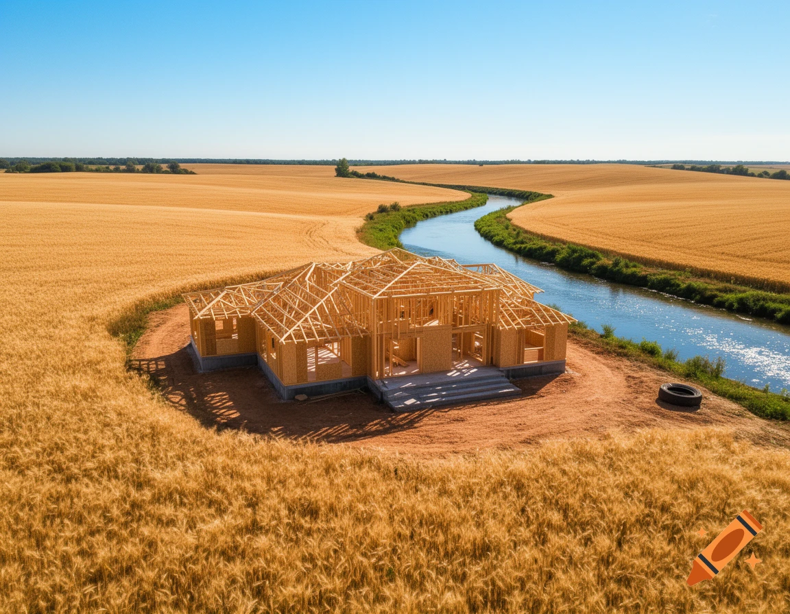 A timber-framed house under construction stands amidst vast golden wheat fields, with a winding river flowing beside it on a sunny day.