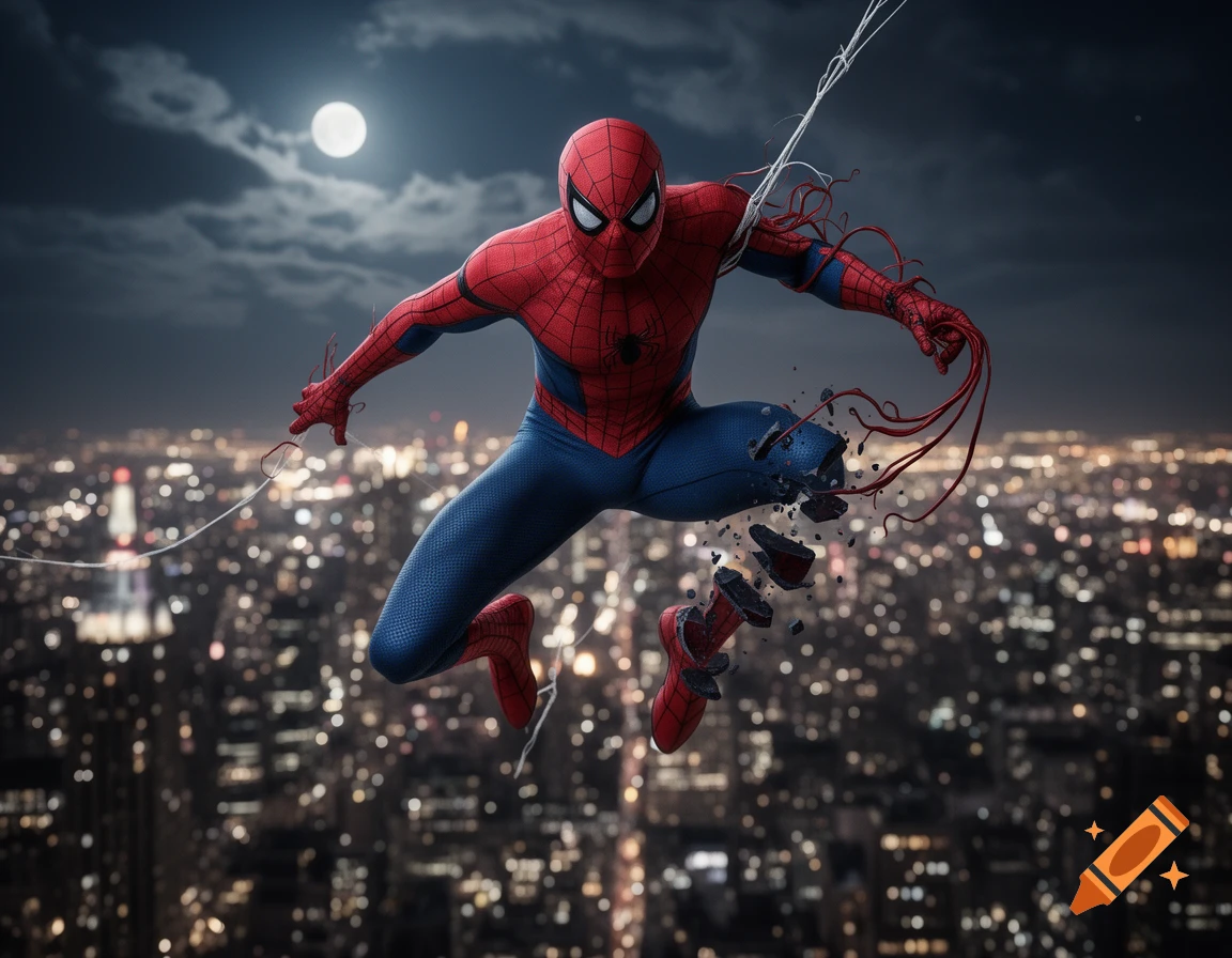 Spider-Man fragments and distorts while leaping above a nighttime city under a full moon.