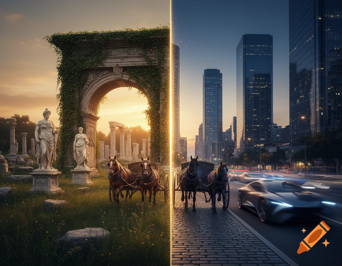 A fantasy image split vertically, showing ancient ruins, statues, and horses on the left, and a modern cityscape with skyscrapers and a speeding car on the right, divided by a glowing line.