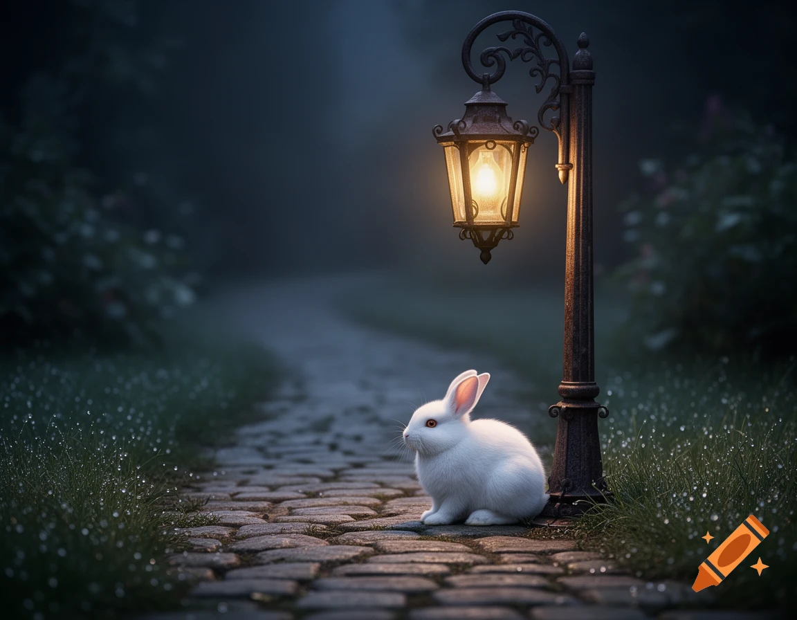 A white bunny sits on a cobblestone path at night, illuminated by a glowing lamppost, with a misty forest background.