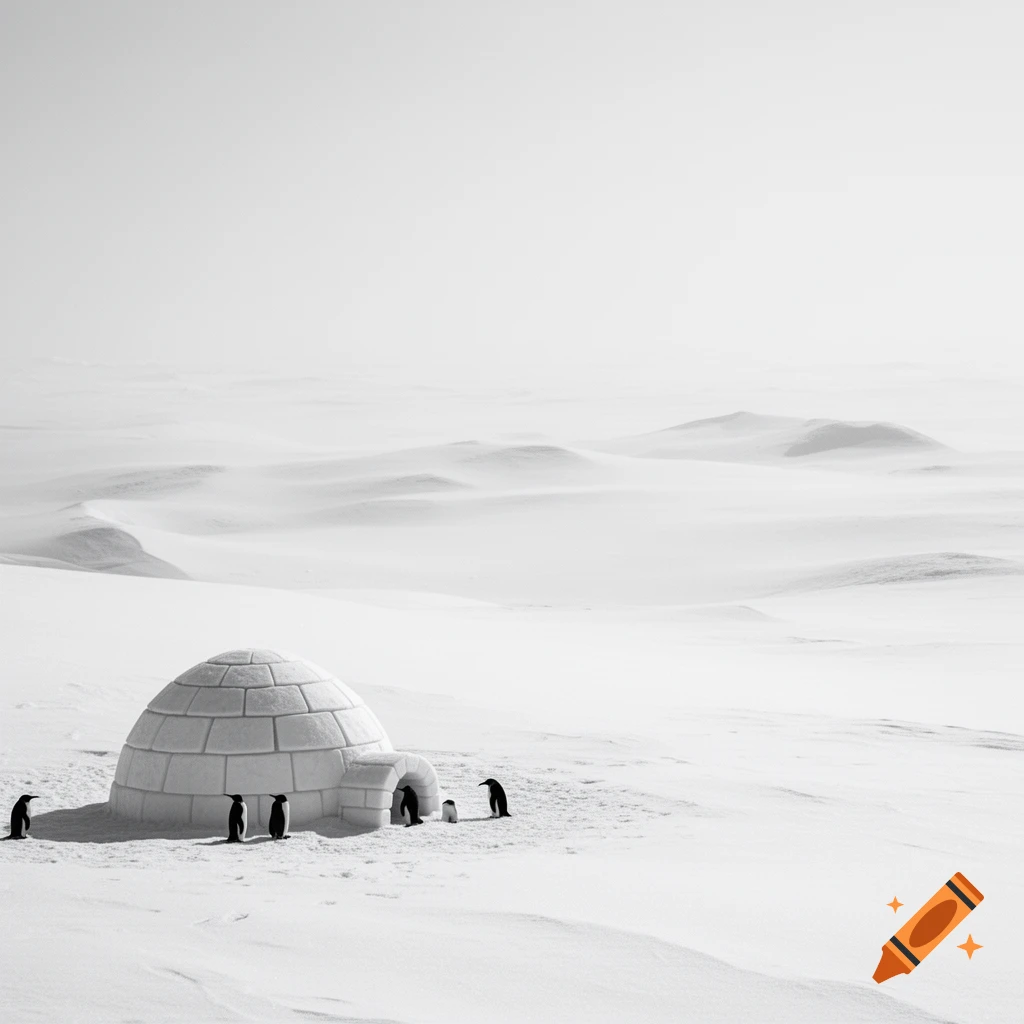 Monochrome image of an igloo and several small penguins in a vast, snow-covered arctic landscape.
