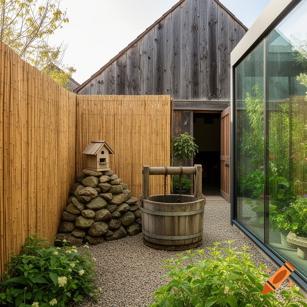 A garden niche with a rustic well, a birdhouse on rocks, a bamboo fence, an old barn, and a modern glass wall.