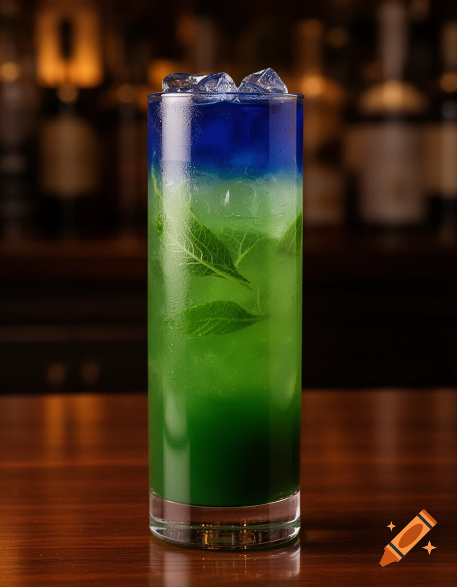 A vibrant layered cocktail in a tall glass, with dark green, light green, and blue liquids, topped with ice on a wooden bar.