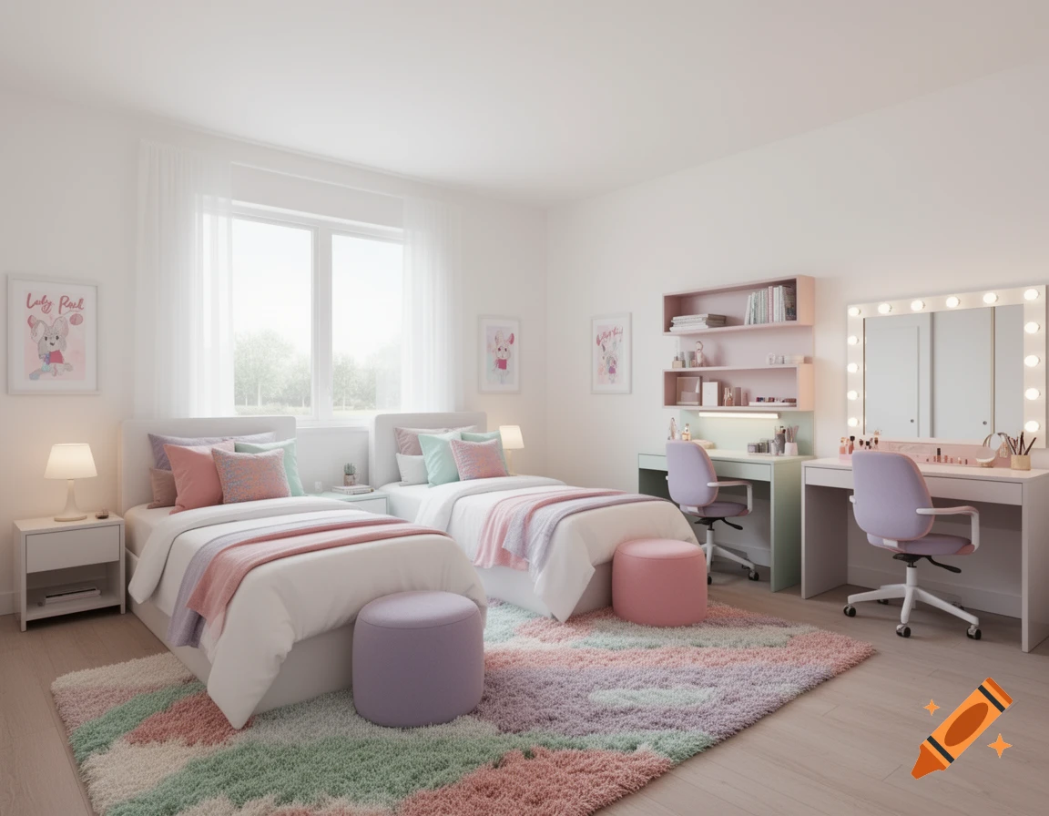 A bright and airy teenage girls' bedroom with two beds, two desks, a vanity mirror, and a colorful rug, rendered in a photorealistic style.