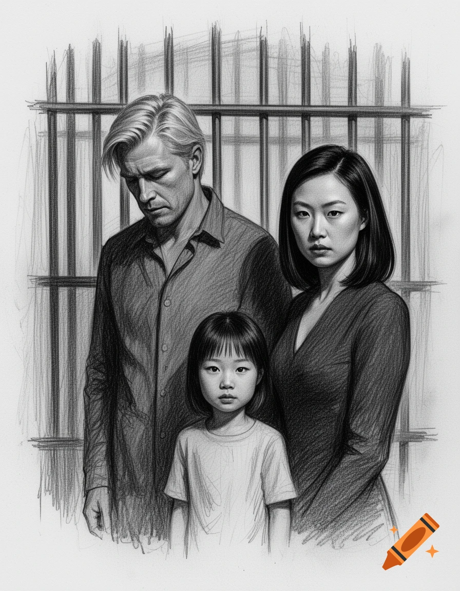 A black and white pencil drawing of a somber white man, an Asian woman, and an Asian child standing before prison bars.