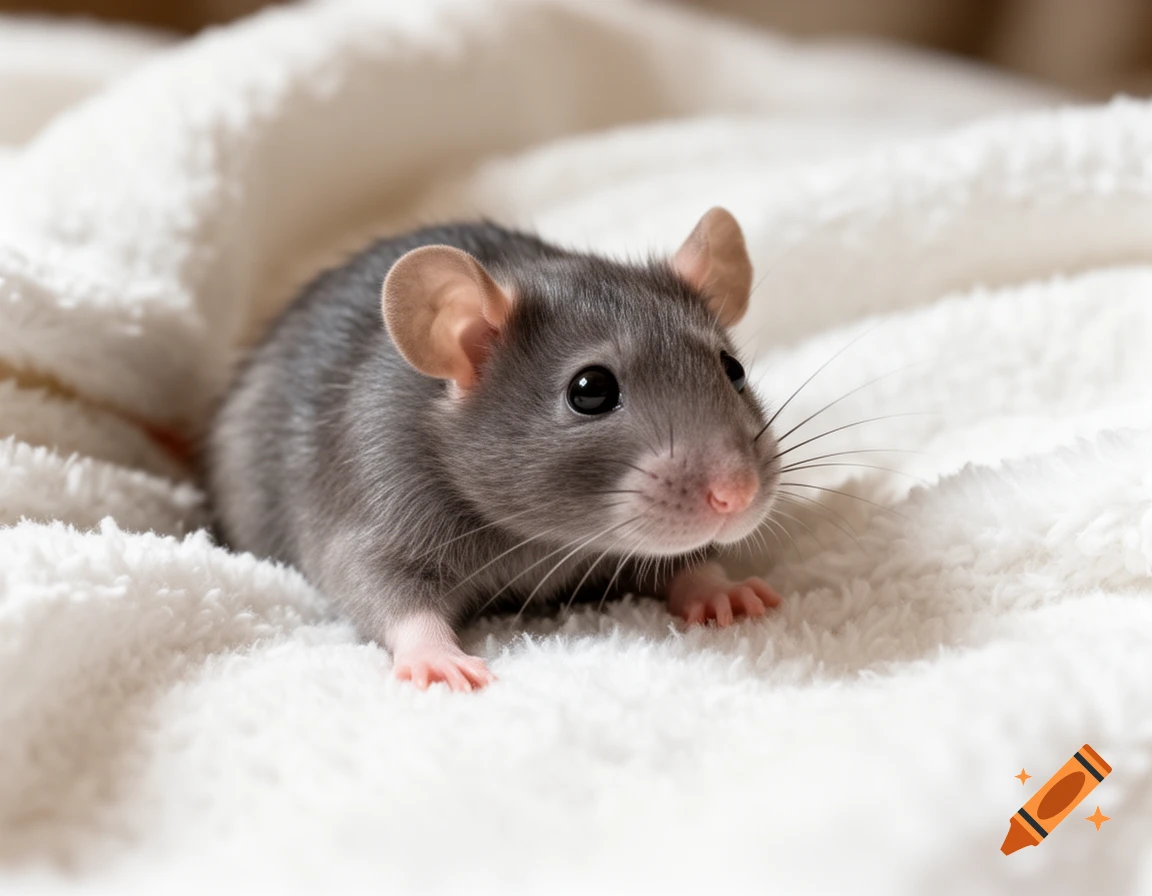 A close-up, photorealistic image of a small gray pet rat with big black eyes, sitting on a soft white fuzzy blanket.