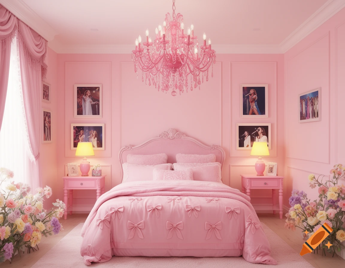 A lavish pink bedroom with a large bed, bow duvet, pink chandelier, and floral arrangements.