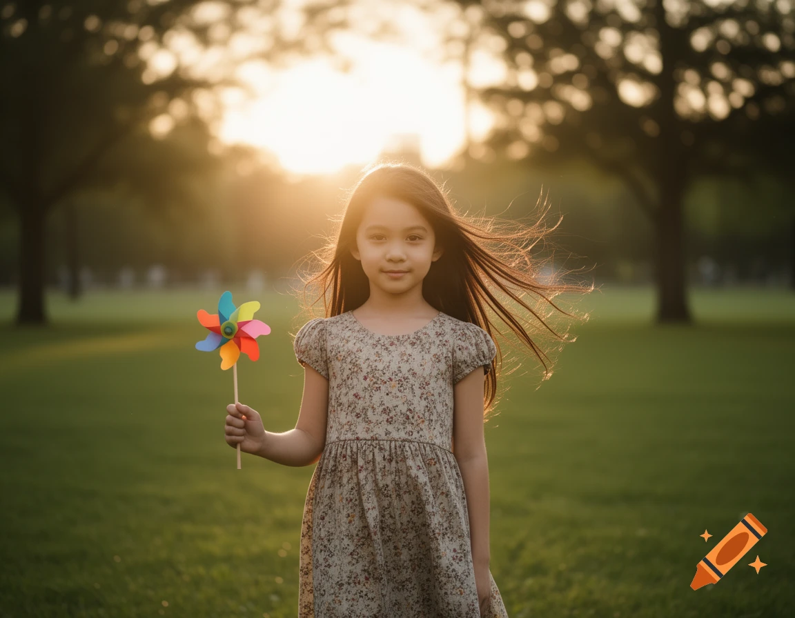 A smiling young girl holding a colorful pinwheel in a sunlit grassy park at golden hour.