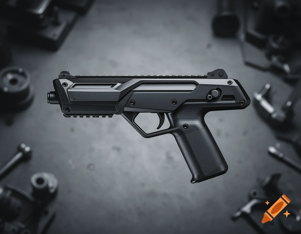 A sleek, black, modern firearm with tactical rails and a textured grip is centered on a dark, blurred industrial background.