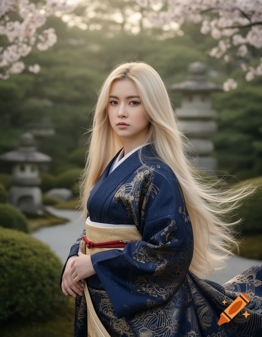 Photorealistic portrait of a young woman with blonde hair wearing a blue and gold kimono in a Japanese garden with cherry blossoms.