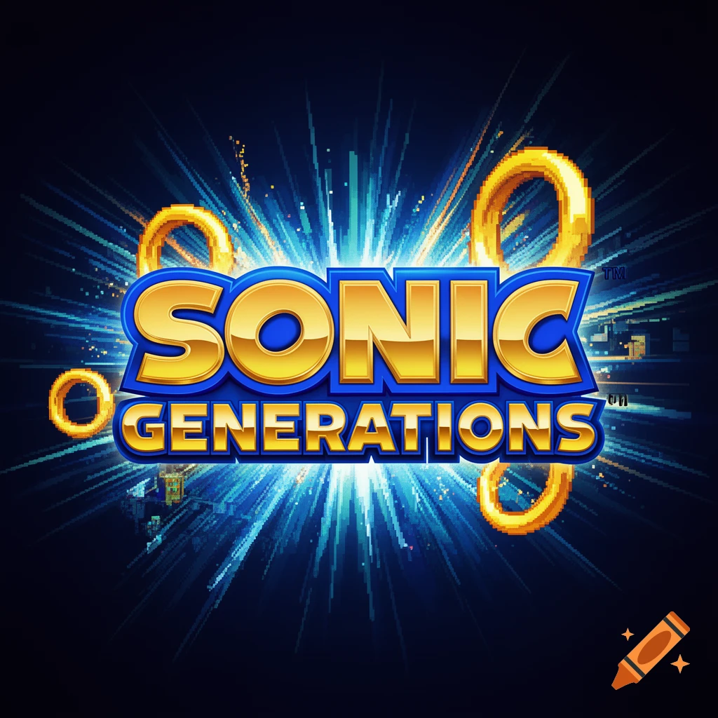 The Sonic Generations logo features shiny gold text with blue outlines, surrounded by bright blue light rays and golden rings.