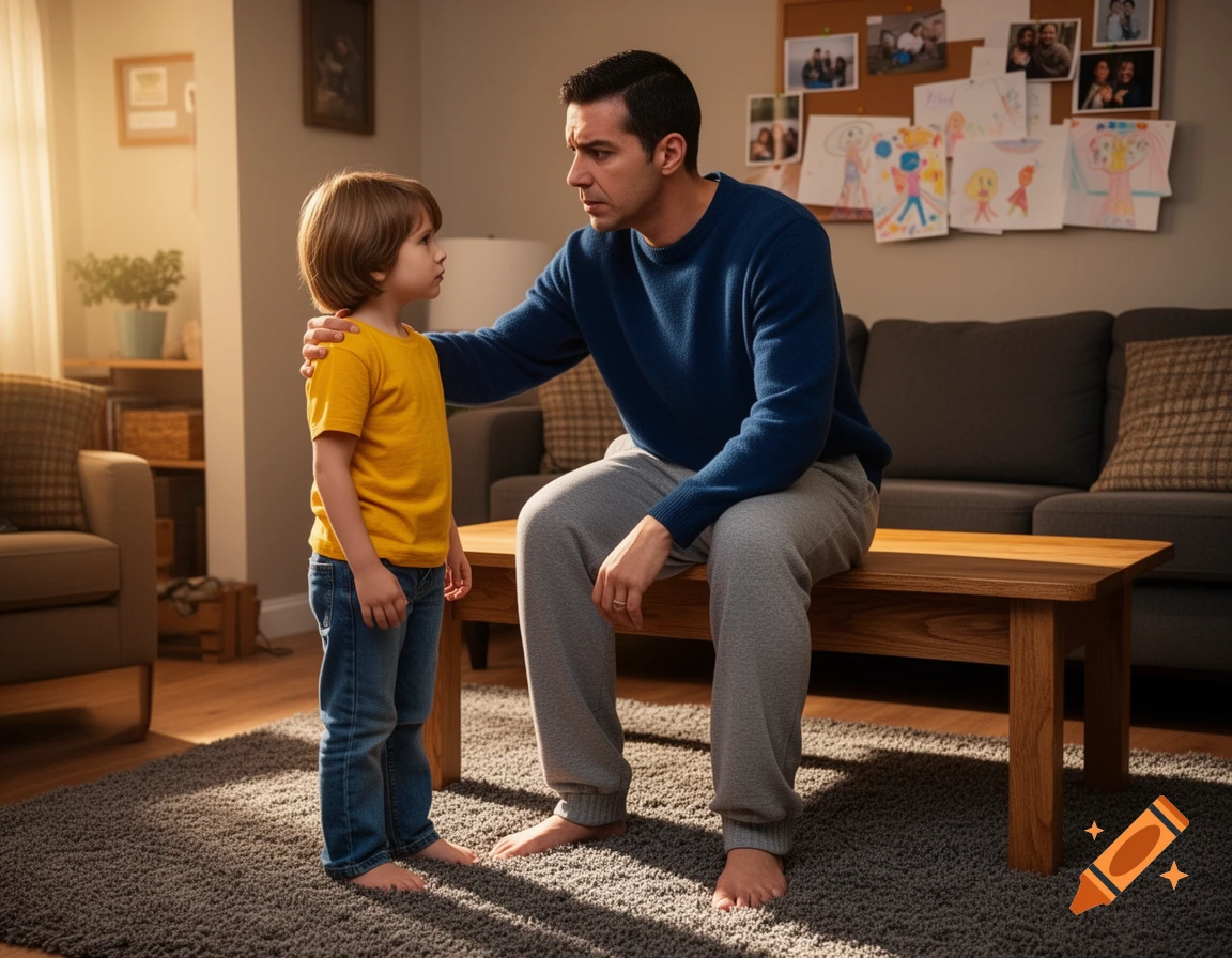 A serious-looking man sits on a wooden bench, placing a hand on a young boy's shoulder in a sunlit living room.
