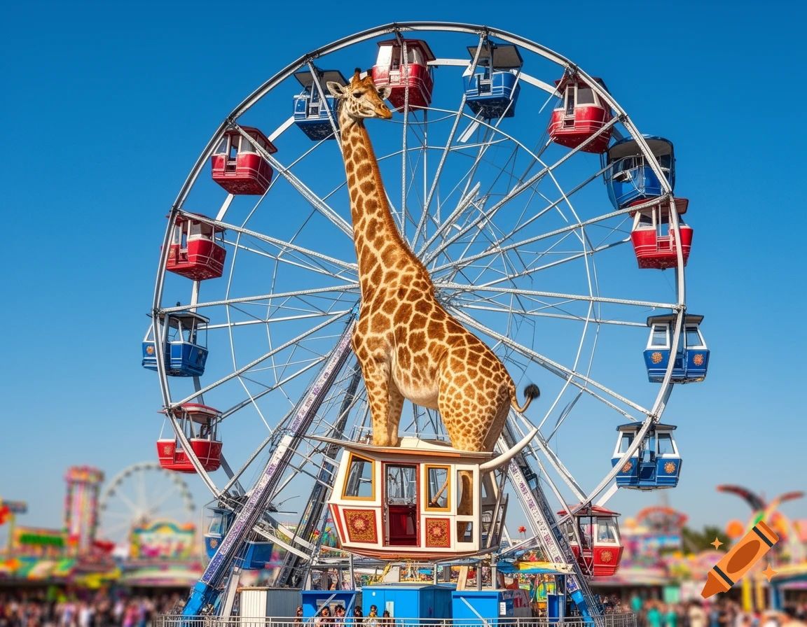A photorealistic image of a giant giraffe standing on a cabin of a red and blue Ferris wheel at a sunny outdoor fair.