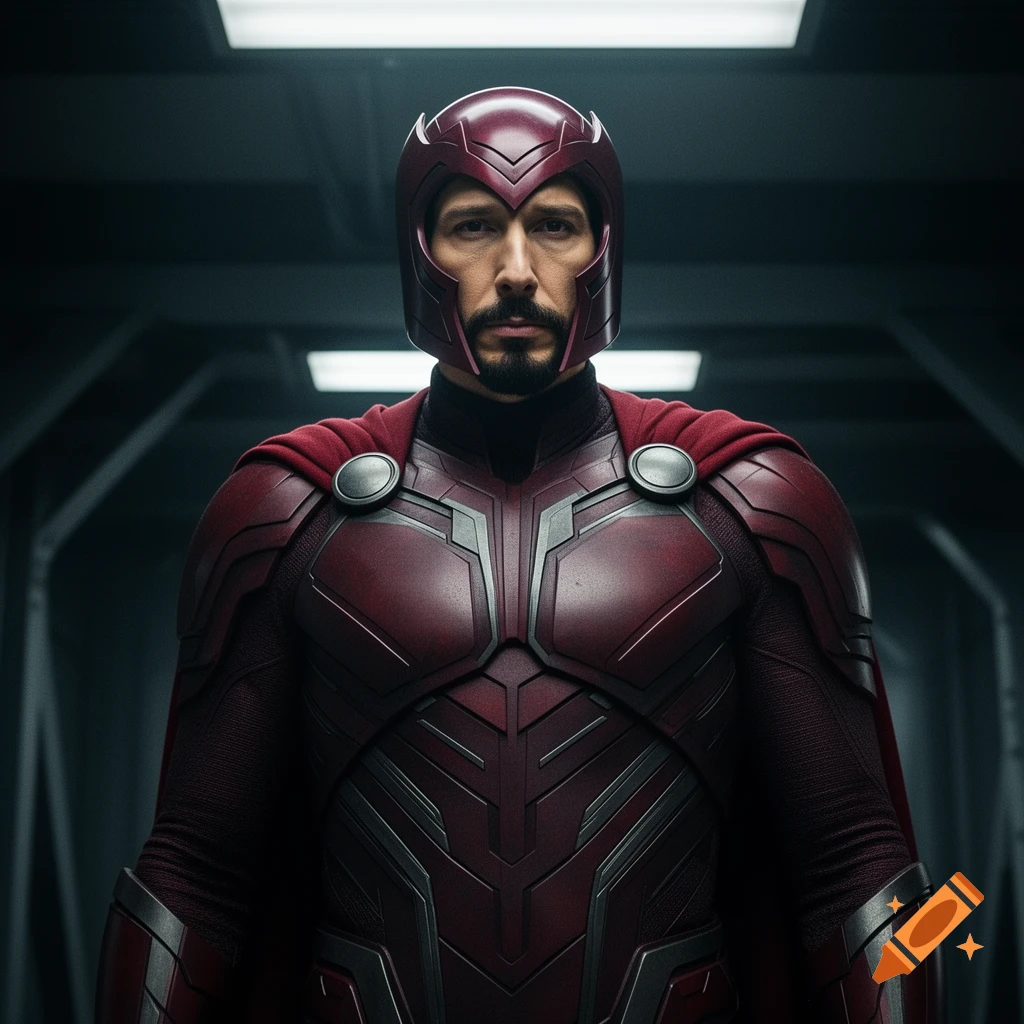 Adam Driver as Magneto in his red helmet and suit, standing in a dark, futuristic hallway.