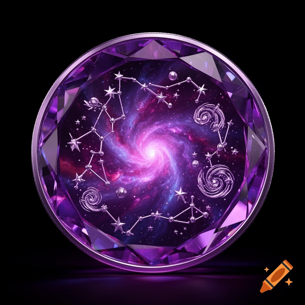 A round, faceted purple crystal coin containing a swirling galaxy and constellations, rendered photorealistically.