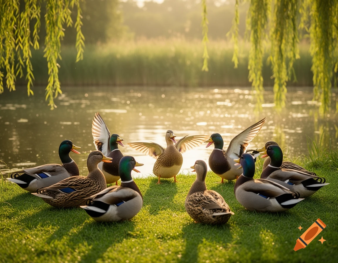 A group of mallard ducks gathered on green grass beside a sunlit pond with willow branches hanging above.