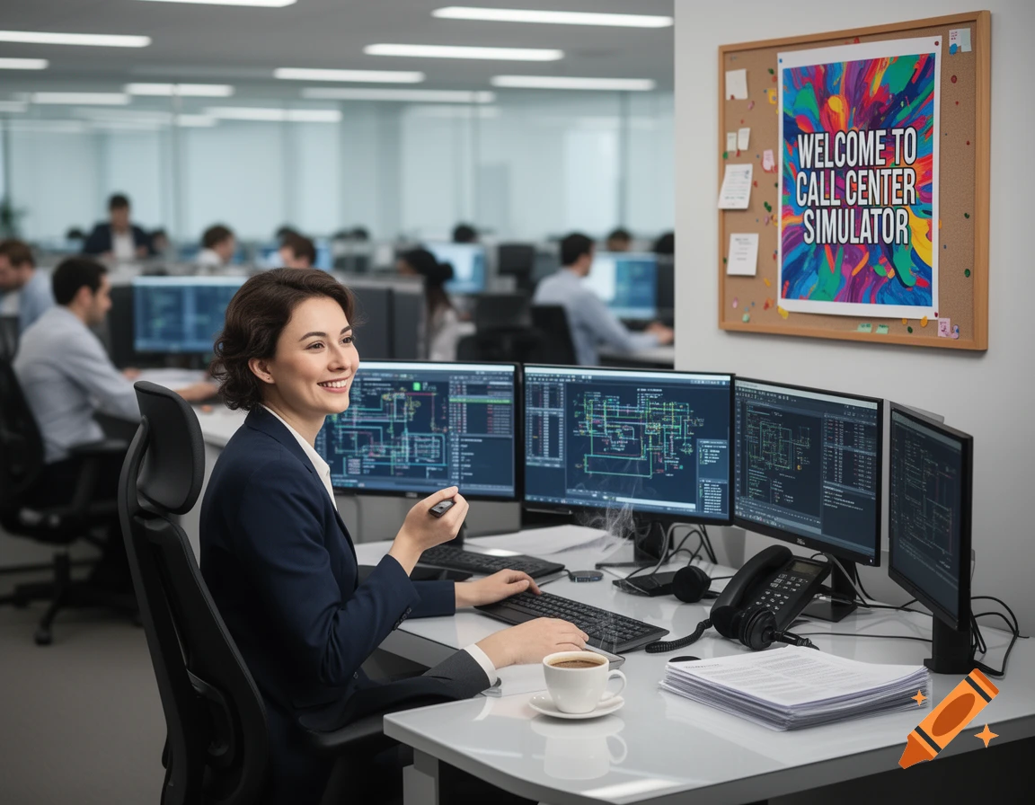 A smiling woman in a suit works at a multi-monitor desk in a busy, modern call center office. A poster on the wall reads "WELCOME TO CALL CENTER SIMULATOR".