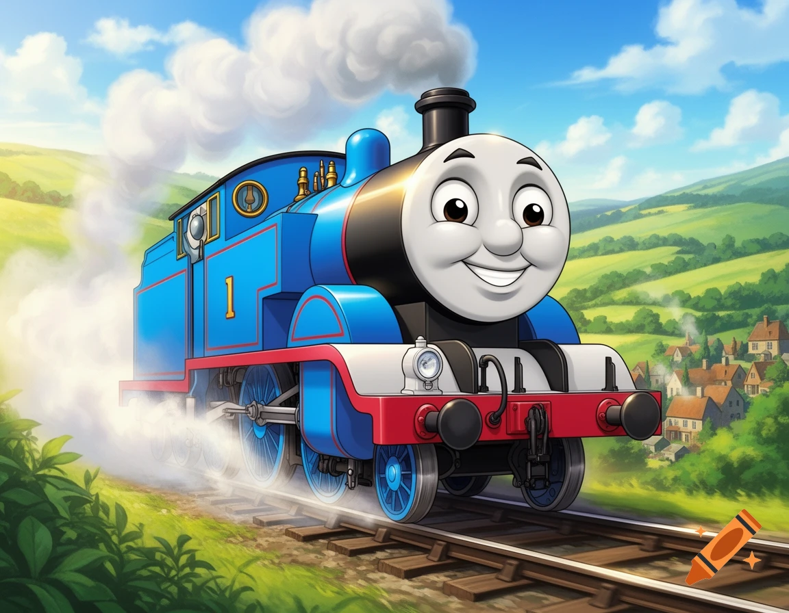Thomas the Tank Engine smiling and steaming down railroad tracks through a green countryside with a village under a blue sky, in anime style.