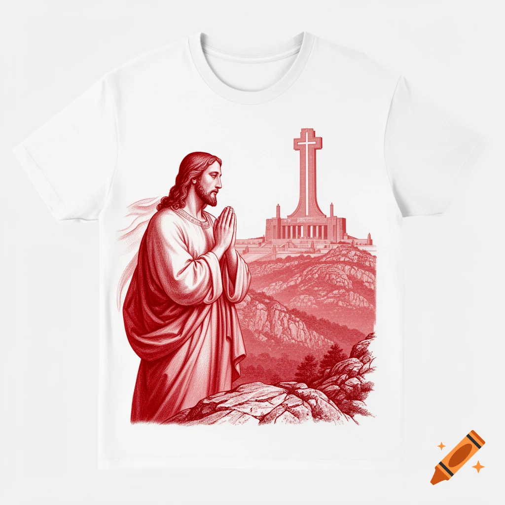 Monochromatic red illustration of Jesus Christ praying, looking towards a large cross-shaped monument in the distance, on a white t-shirt.