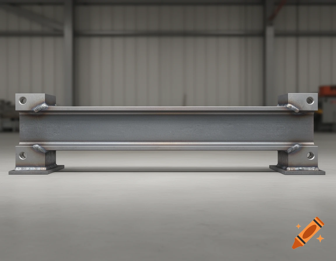 A photorealistic image of a gray I-beam with welded support plates and holes at both ends, standing on a concrete floor in a workshop.