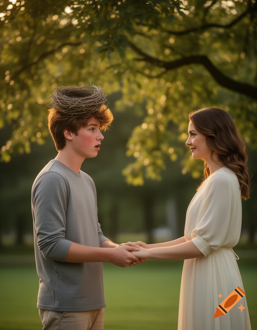 A young man with a bird's nest on his head and a young woman hold hands in a park at golden hour.