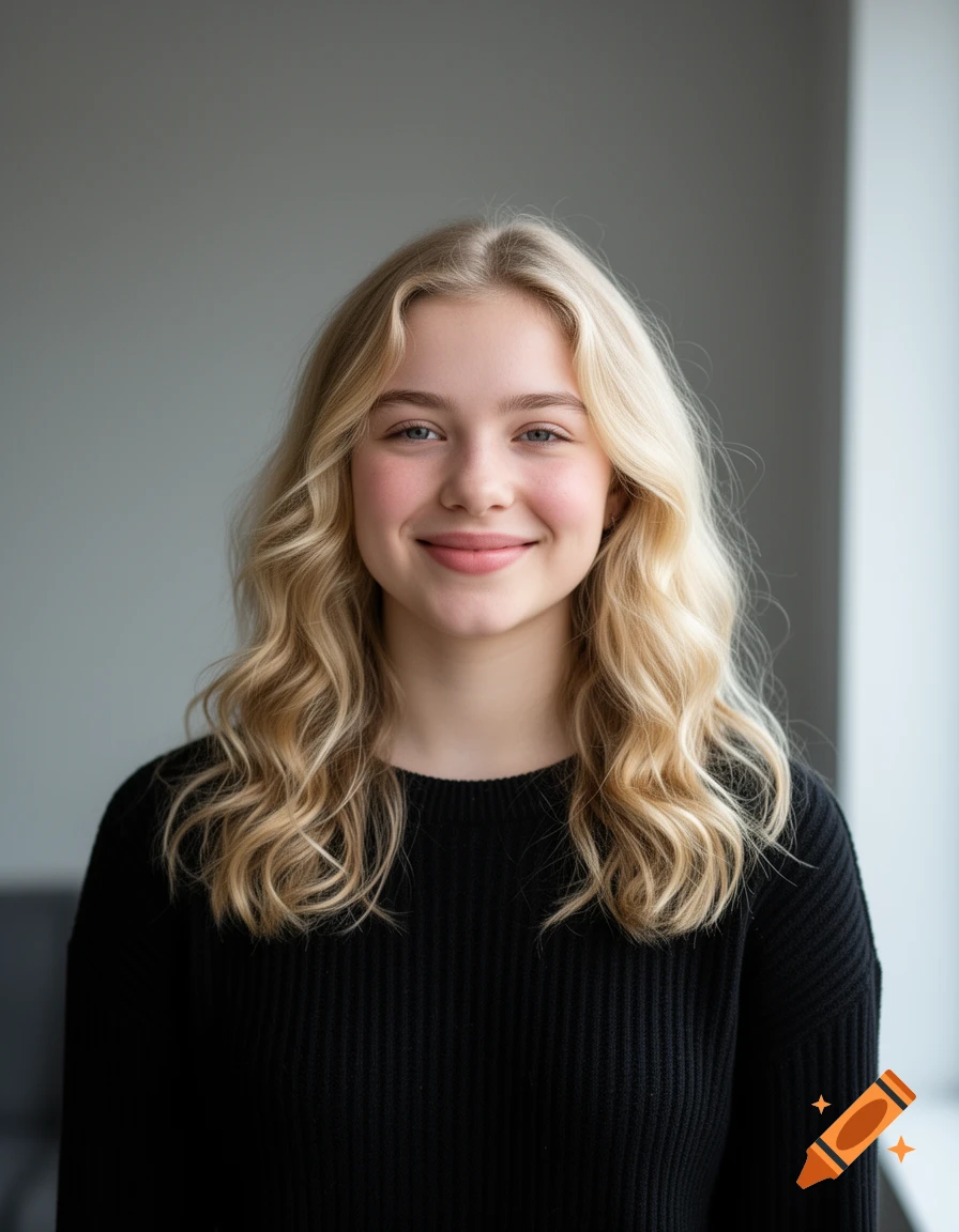 Photorealistic portrait of a blonde young woman smiling and wearing a black sweater.