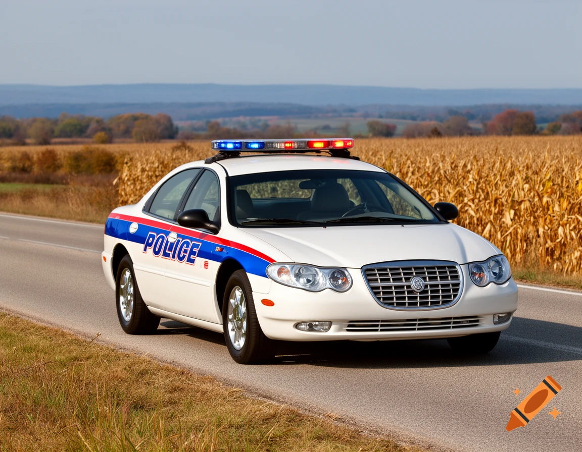 A white Chrysler police car with blue and red stripes and a light bar, parked on a rural road next to a cornfield, with hills in the background.