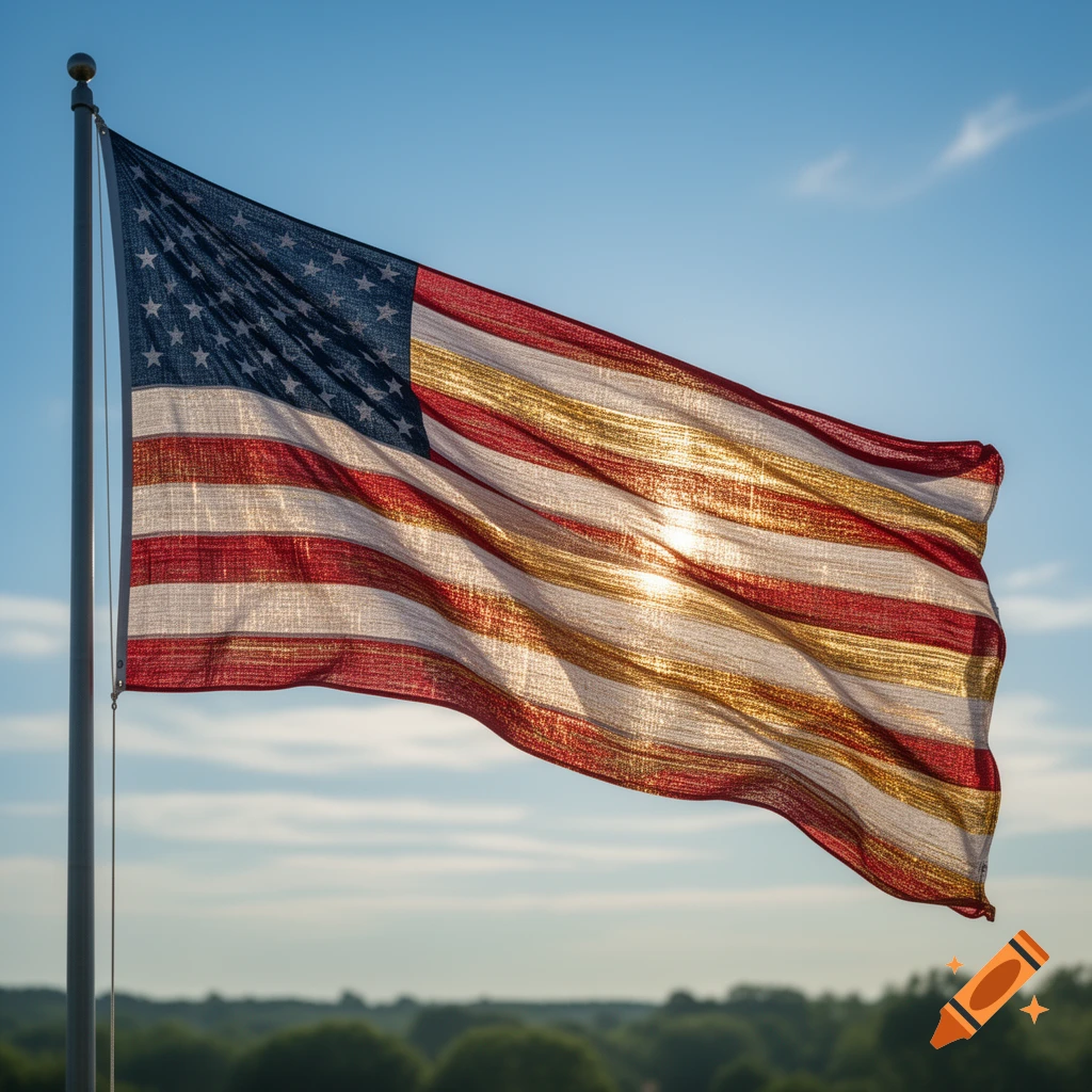 Photorealistic American flag with red, white, and golden stripes waving against a blue sky.