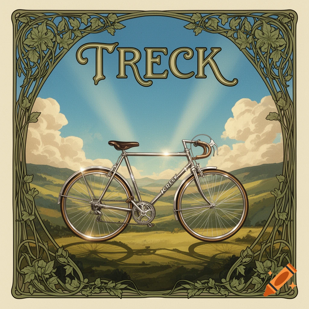 An Art Nouveau illustration of a silver bicycle in a sunny green landscape, framed by ornate green vines, with 'TRECK' text.