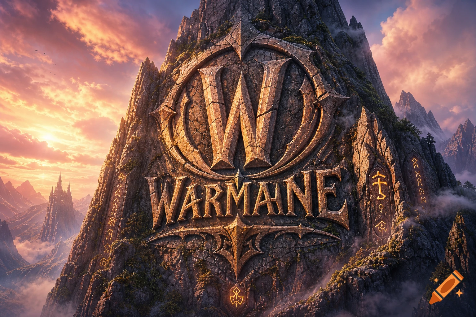 Epic fantasy landscape of a mountain with a large stone 'WARMAINE' logo carved into it, under a sunset sky.