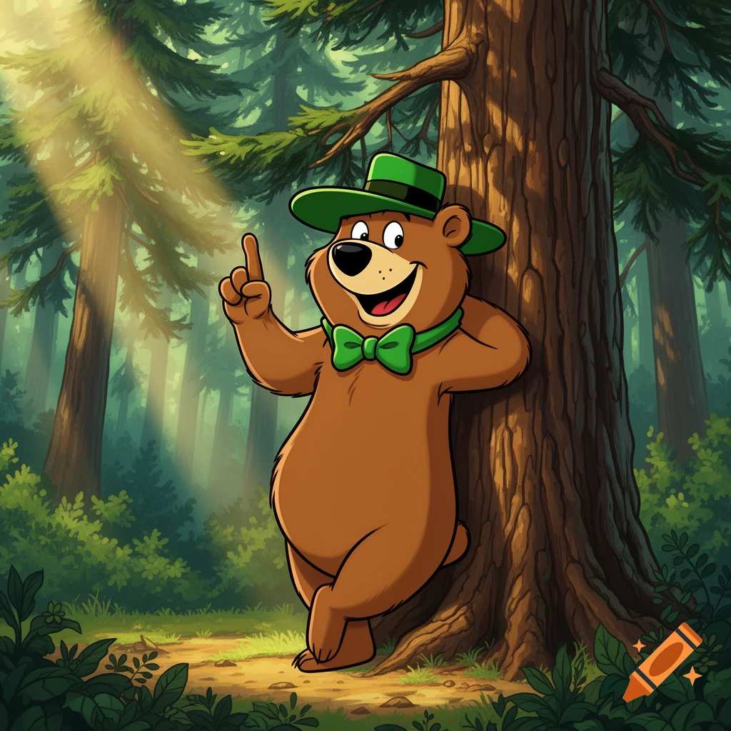 Yogi Bear smiles, leaning against a tree in a sunlit forest, pointing upwards in a cartoon style.