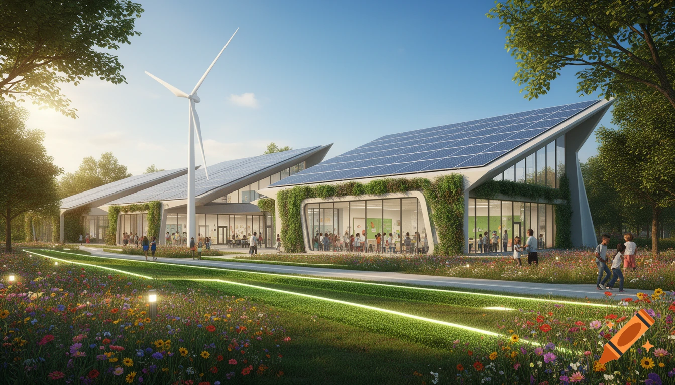 Modern school building with solar panels and a wind turbine, surrounded by flowering meadows and trees under a blue sky, with people walking around.