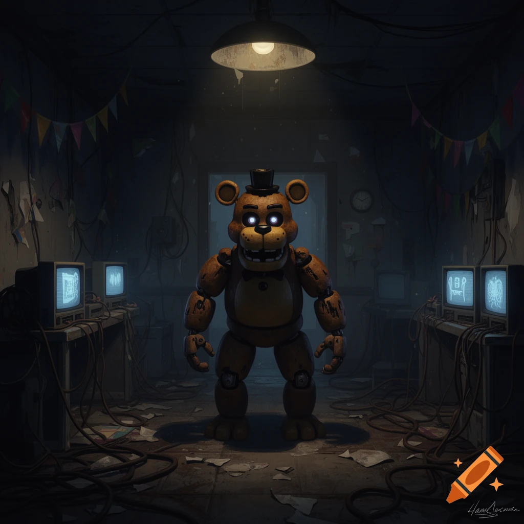 Freddy Fazbear animatronic stands in a dark, cluttered room with glowing eyes, surrounded by old monitors and wires.
