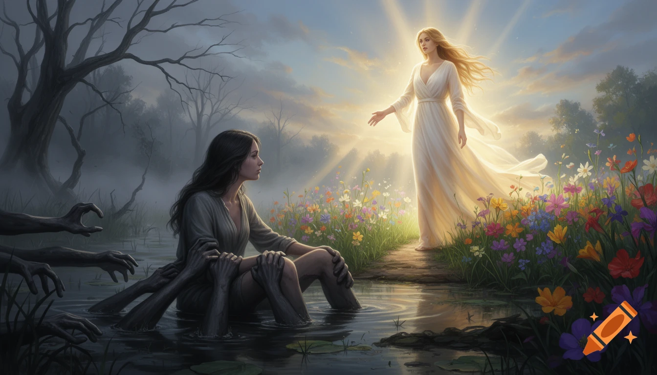 A woman in a dark, misty swamp with shadowy hands clinging to her looks towards a radiant, glowing woman on a path of colorful flowers and sunlight.
