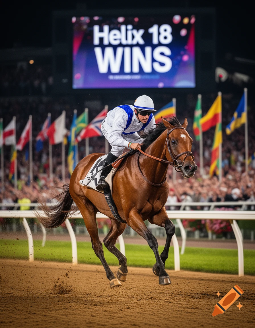 A jockey in white and blue silks rides a brown racehorse down a dirt track, with a stadium screen showing "Helix 18 WINS".