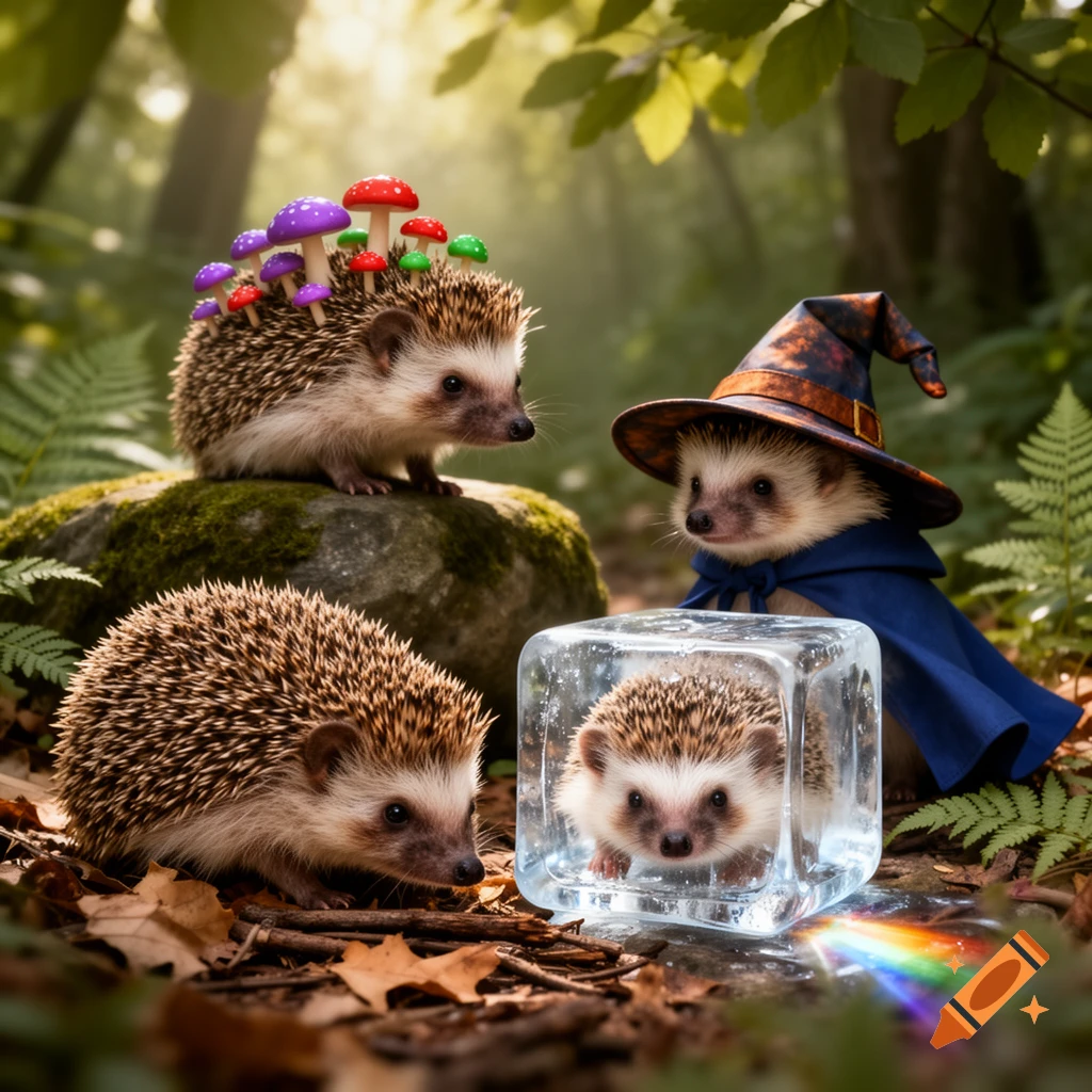 Three hedgehogs and one frozen in an ice cube in a sunlit forest. One has colorful mushrooms on its back, another wears a wizard hat and cape.