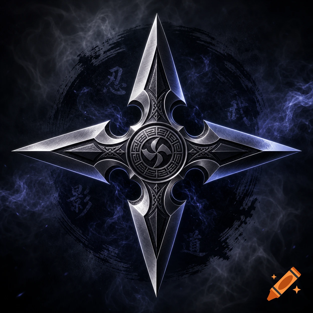 A stylized silver shuriken with intricate patterns and a central swirling design, against a dark background with blue smoky wisps and faint Kanji characters.