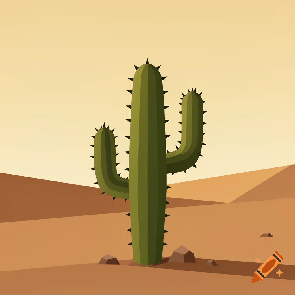 A stylized green saguaro cactus stands in a low-poly desert landscape with brown sand and a light yellow sky.