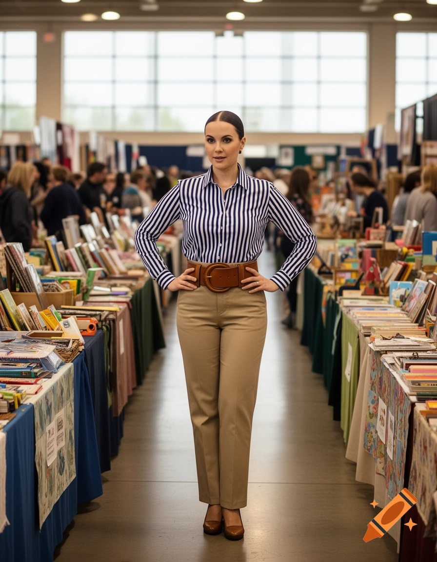 A woman in a striped shirt, khaki pants, and a wide brown belt stands confidently in the aisle of a bustling book convention.