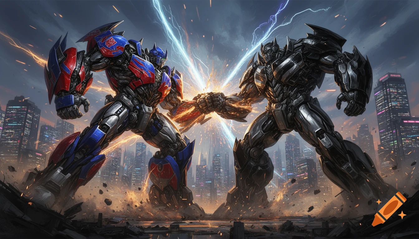 Two Transformers robots clash in an epic battle amidst lightning and destruction in a futuristic city, digital art.