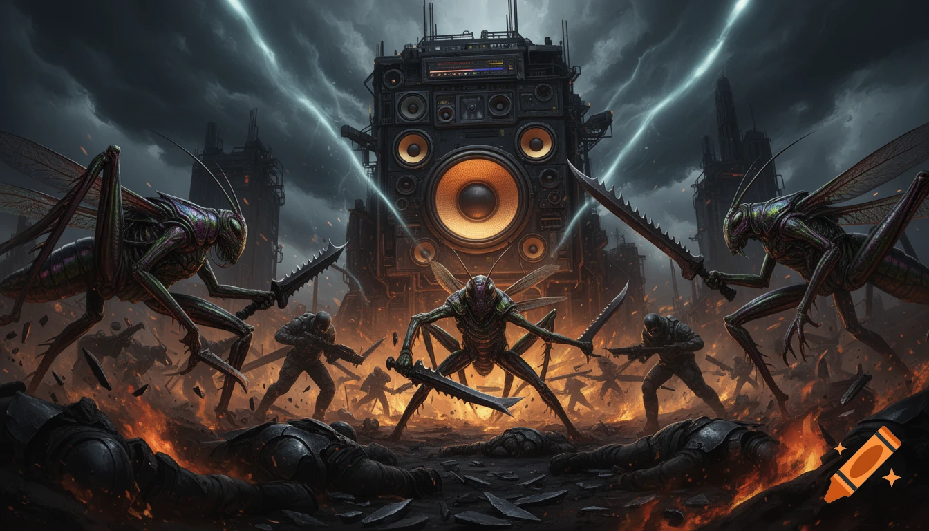 A dark sci-fi battle scene with insectoid aliens fighting soldiers amid fires, a huge sound system towering in the background.