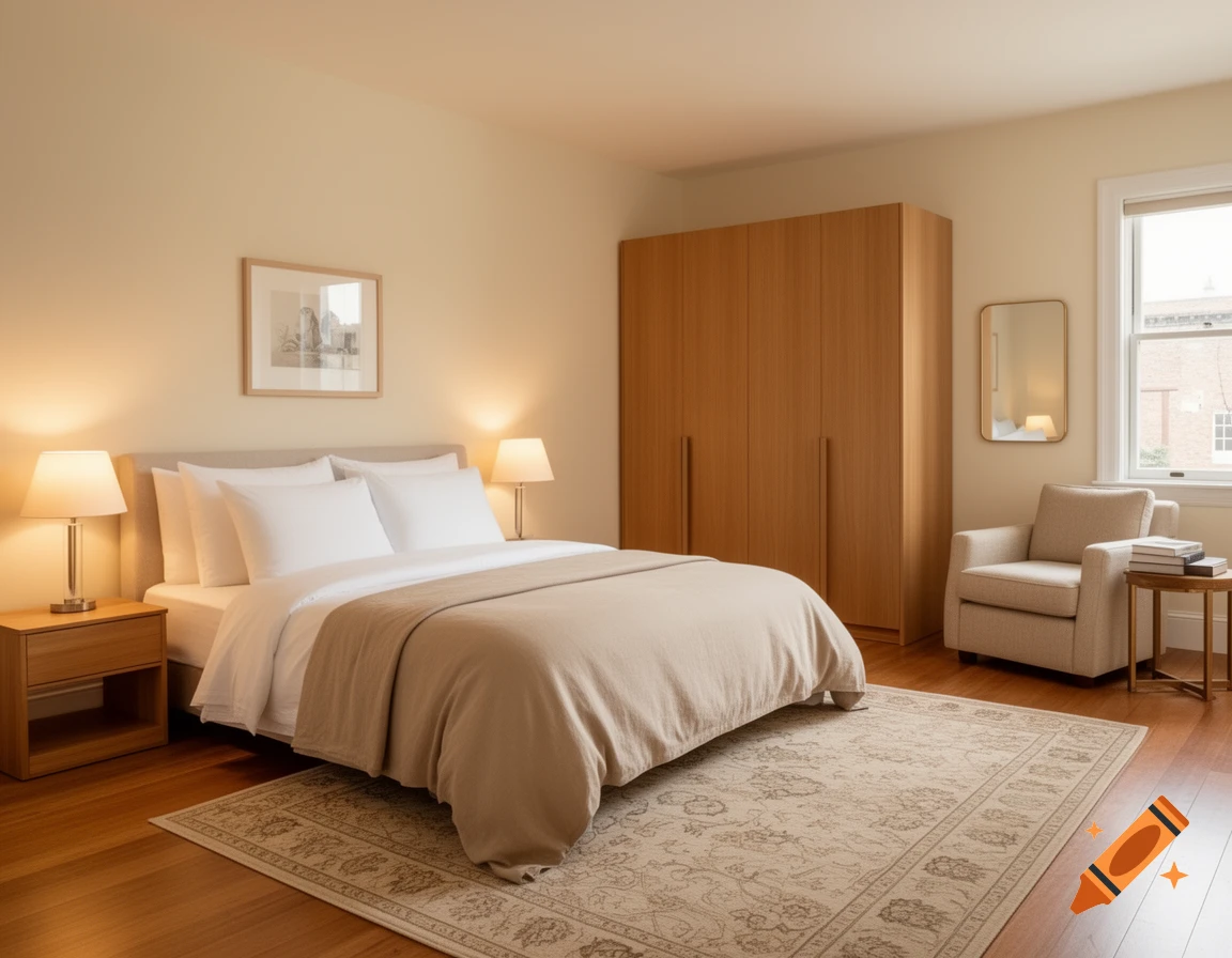 A neatly arranged bedroom with a large bed, two illuminated lamps, a wooden wardrobe, an armchair, and a patterned rug on a hardwood floor.