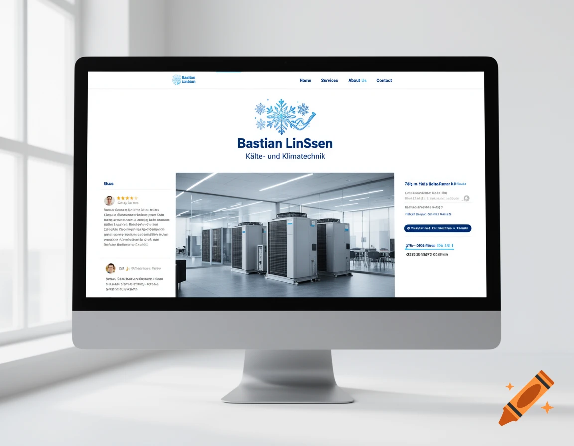A desktop computer displays a website for a refrigeration and air conditioning company named Bastian Linssen, showing a logo with snowflakes, navigation, a photo of industrial cooling units, and text that is largely garbled.